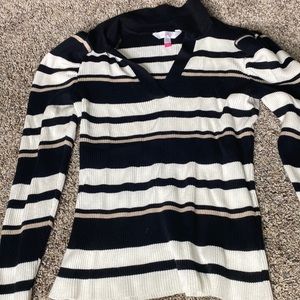 Black and White striped Long Sleeve V-Neck collared shirt